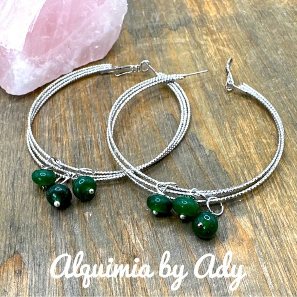 Untreated deep green emerald dangle charms big silver statement hoops